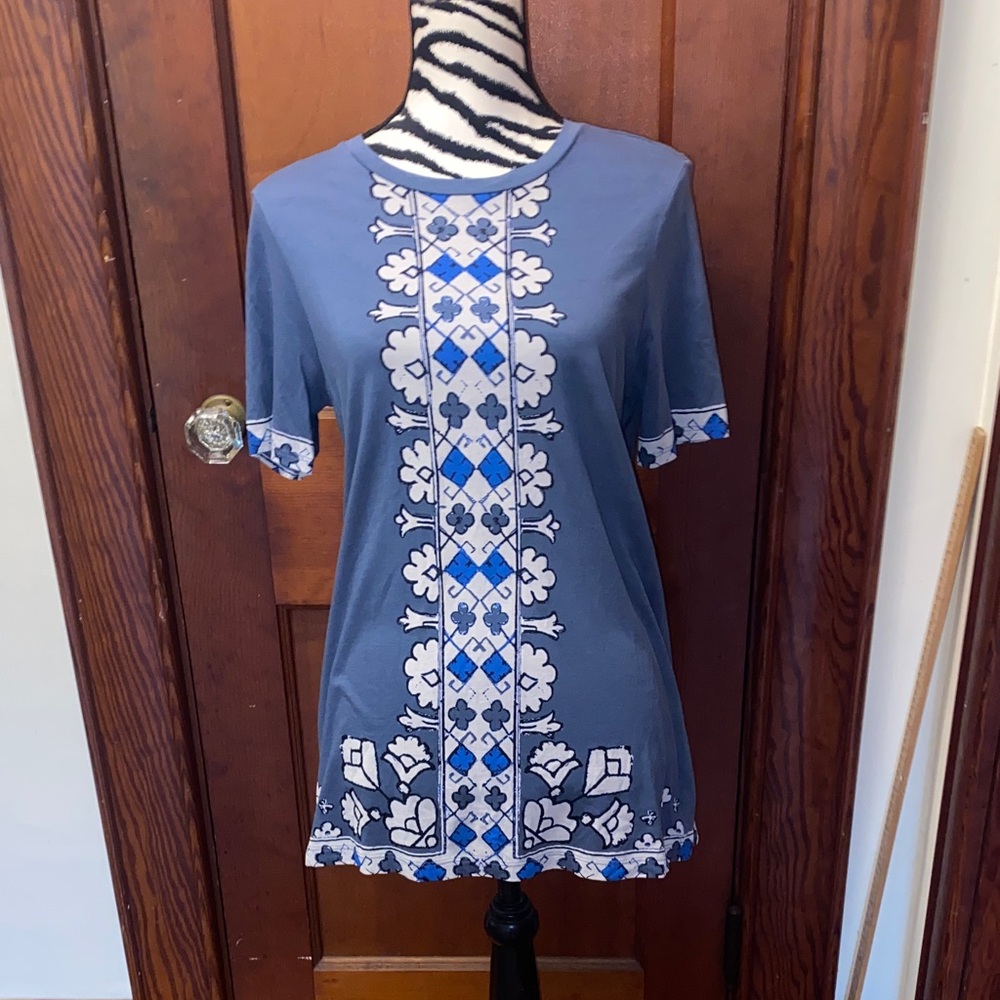 Tory Burch Blue Short Sleeve top with White and Blue Pattern size small